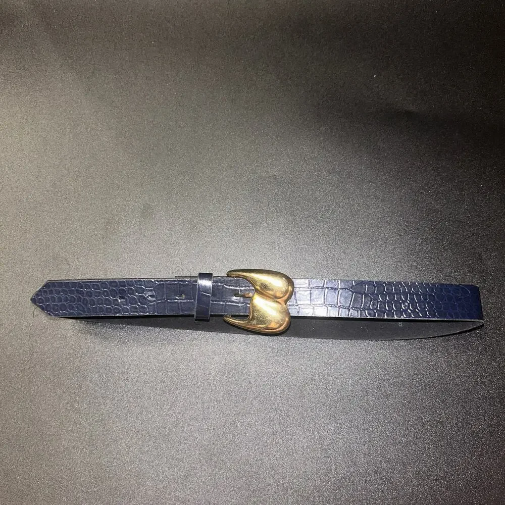 Navy Blue Faux Leather Textured Gold-Tone Hardware Belt Women's 30